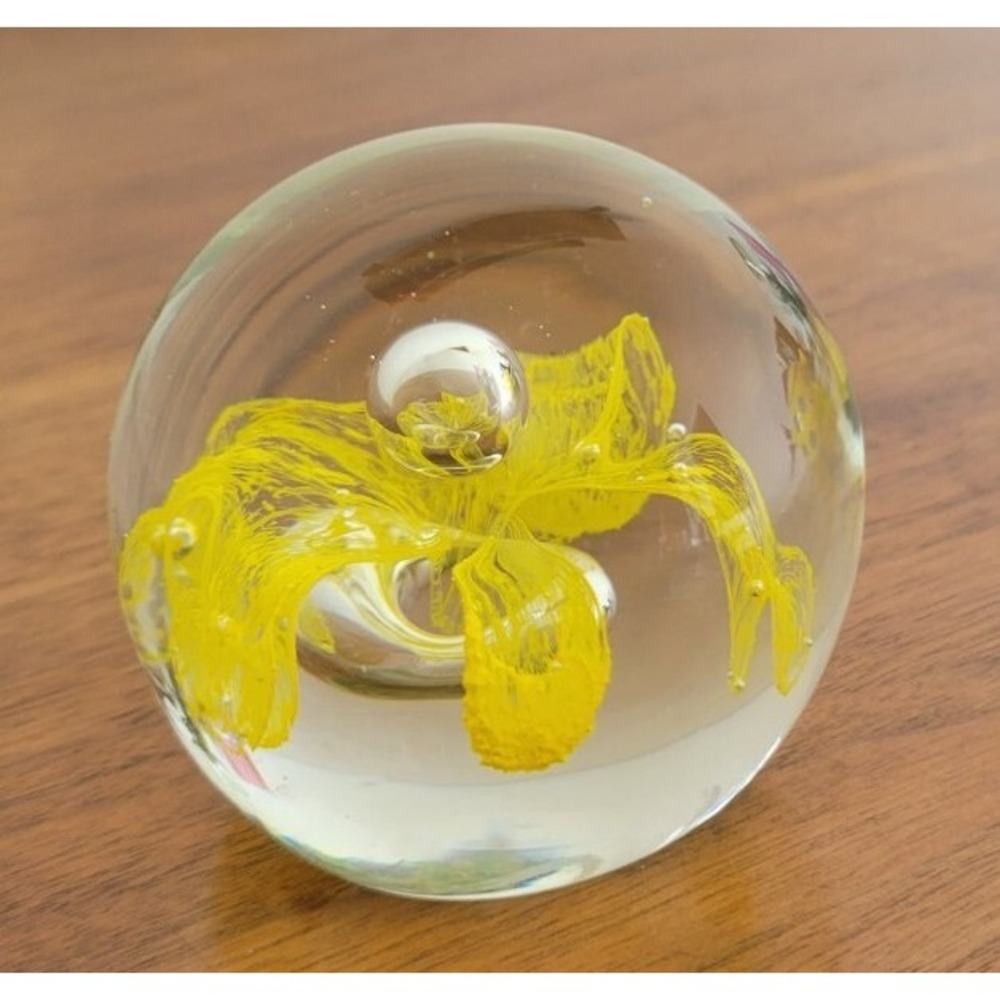 Vintage Fairy Core Yellow Flower Suspended Bubble Paperweight Glass Art Whimsy